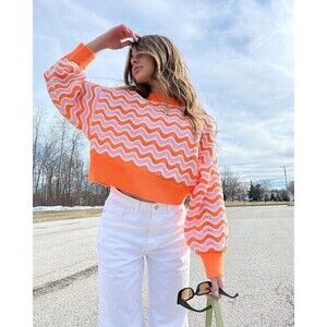 Divided H&M Crop Sweater Women S Orange Pink Chunky Knit Balloon Sleeve Oversize
